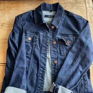 J brand: dark wash, comfortable fit (not coarse- more plush/soft), dark wash.